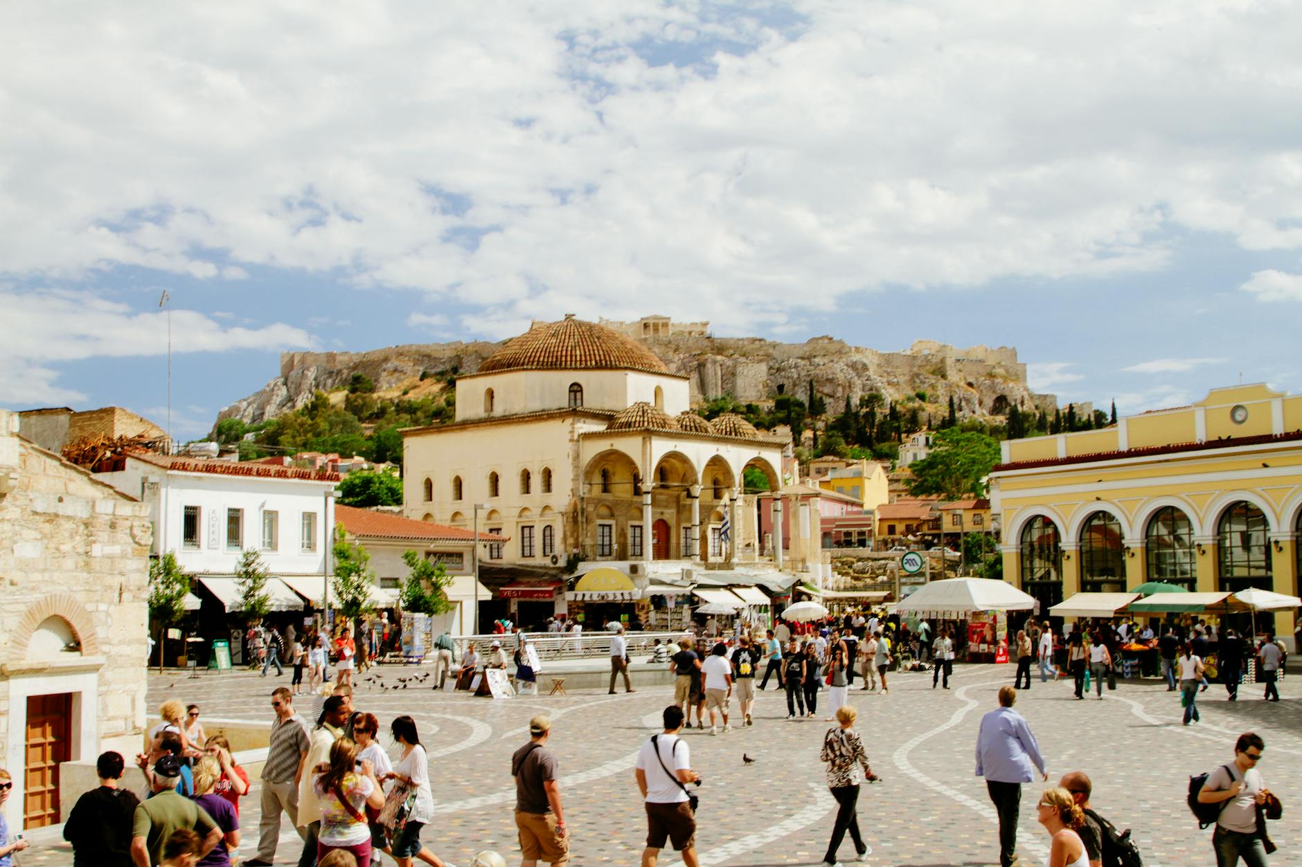 Athens flea market stalls with souvenirs and Greek handicrafts