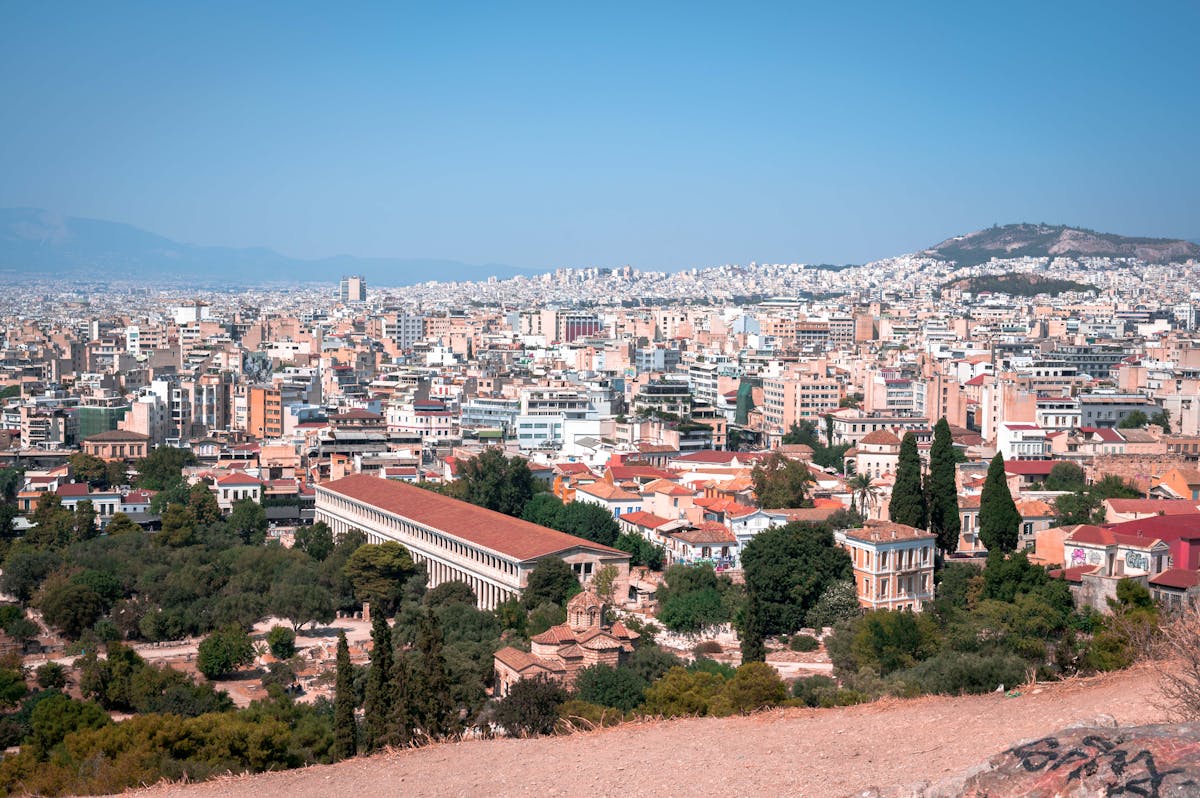 Panoramic aerial view of Athens Greece showing the dense urban cityscape