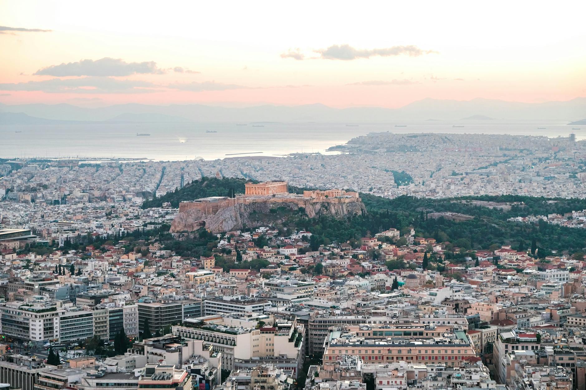 Sunset view over Athens with the Acropolis silhouette