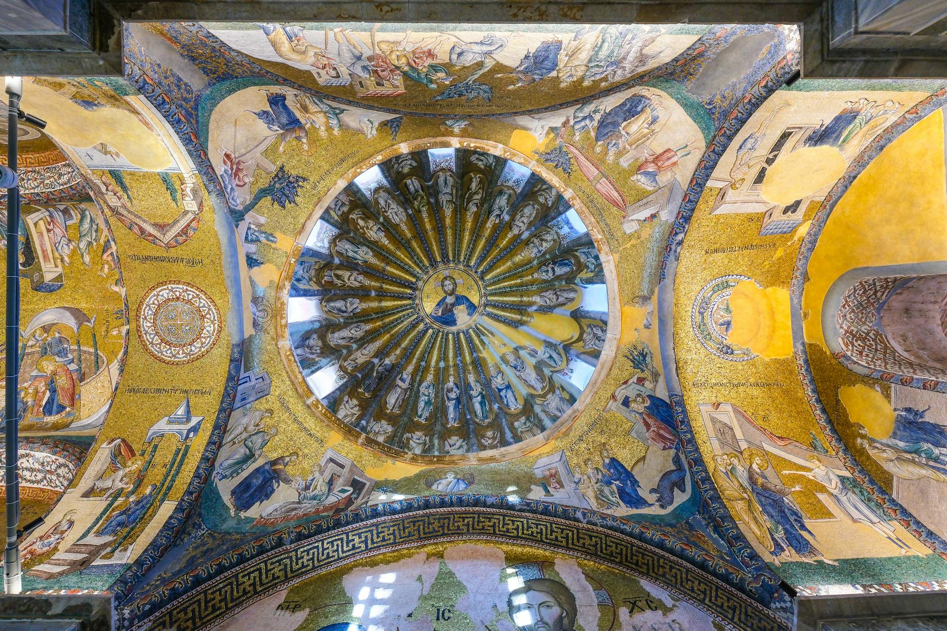 Beautiful Byzantine mosaics on the ceiling of a historic church in Athens