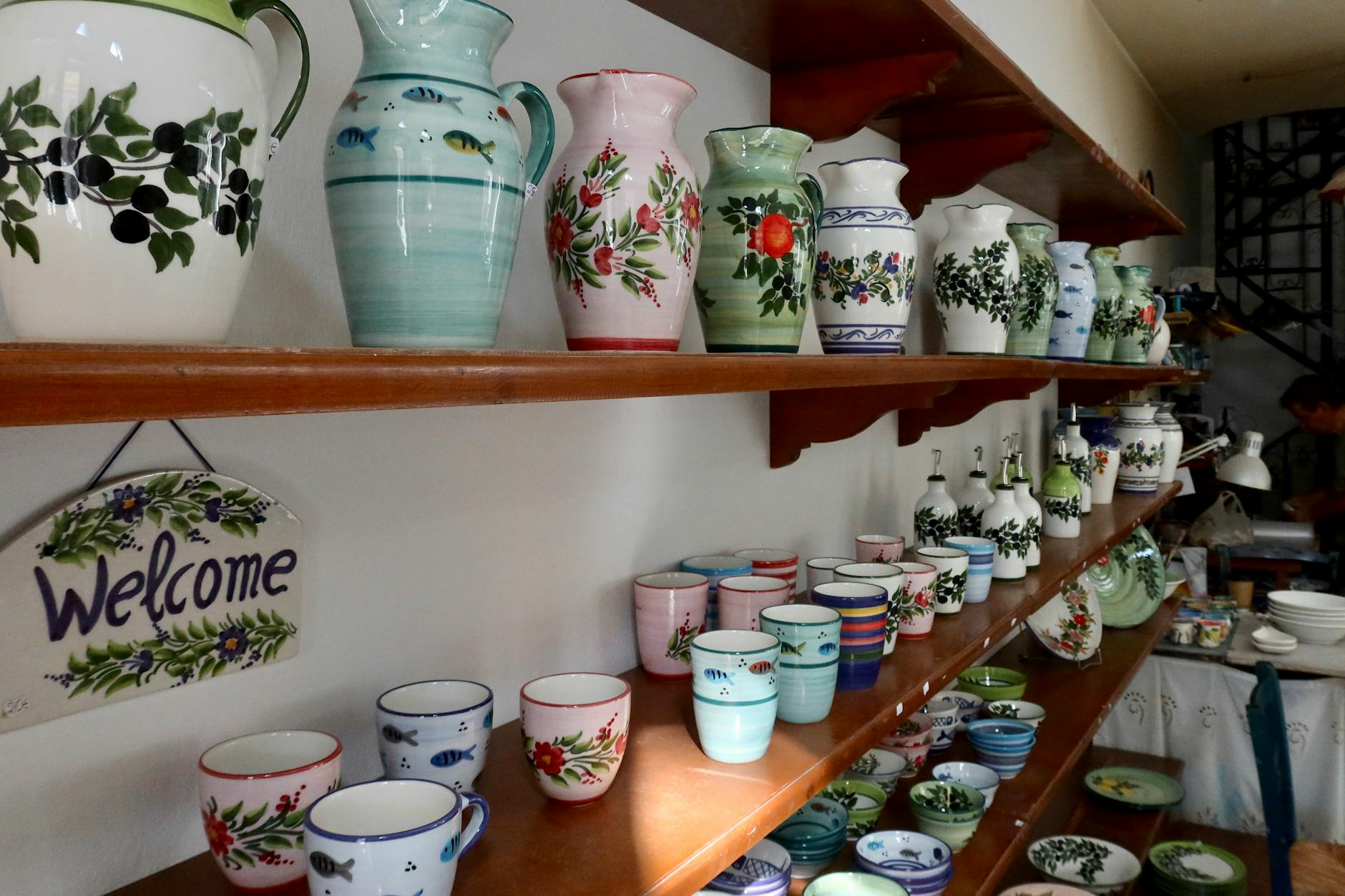 Colorful hand-painted Greek ceramics and pottery souvenirs