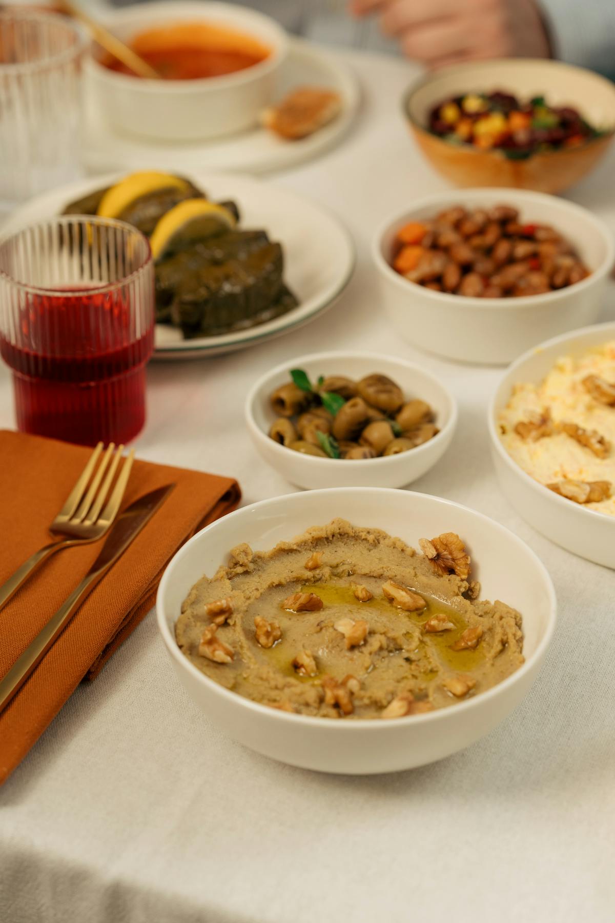 Mediterranean appetizers and Greek food spread on a table in Athens