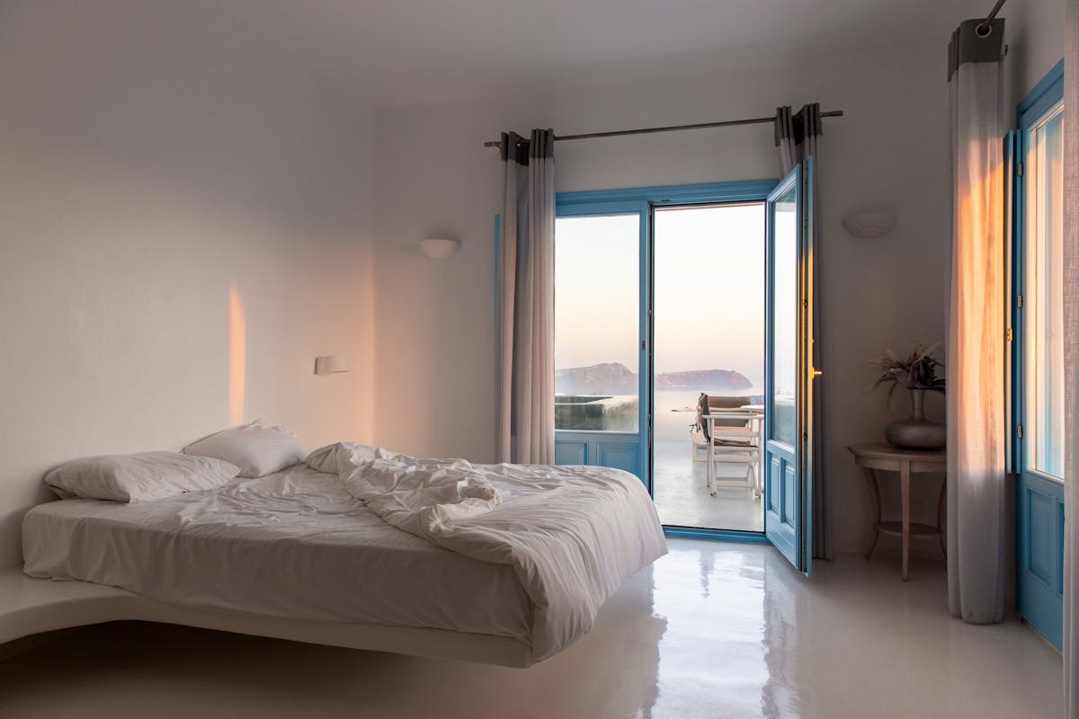 Elegant hotel room with balcony and sea view in Greece