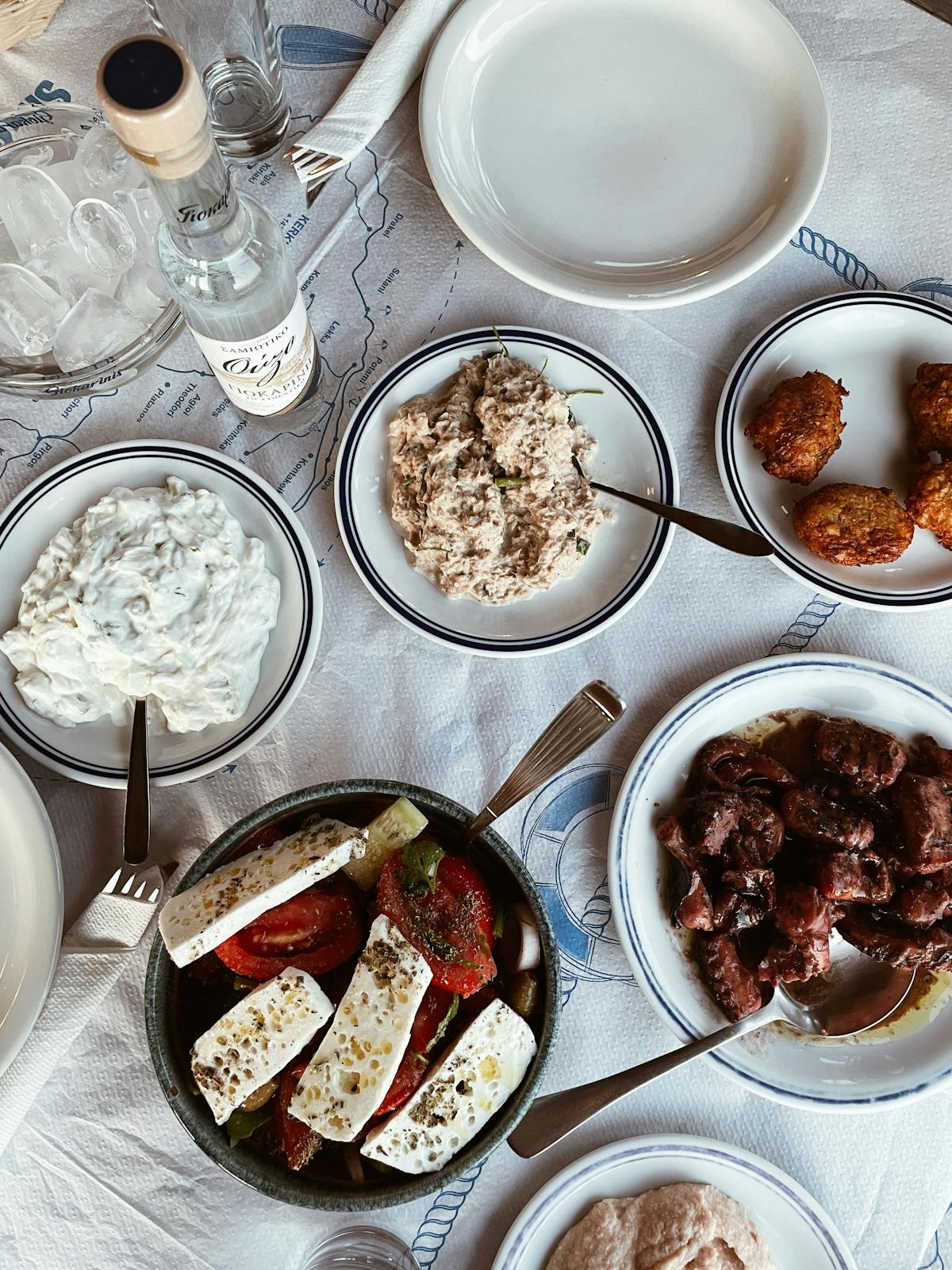 Traditional Greek meze appetizer spread with various dishes