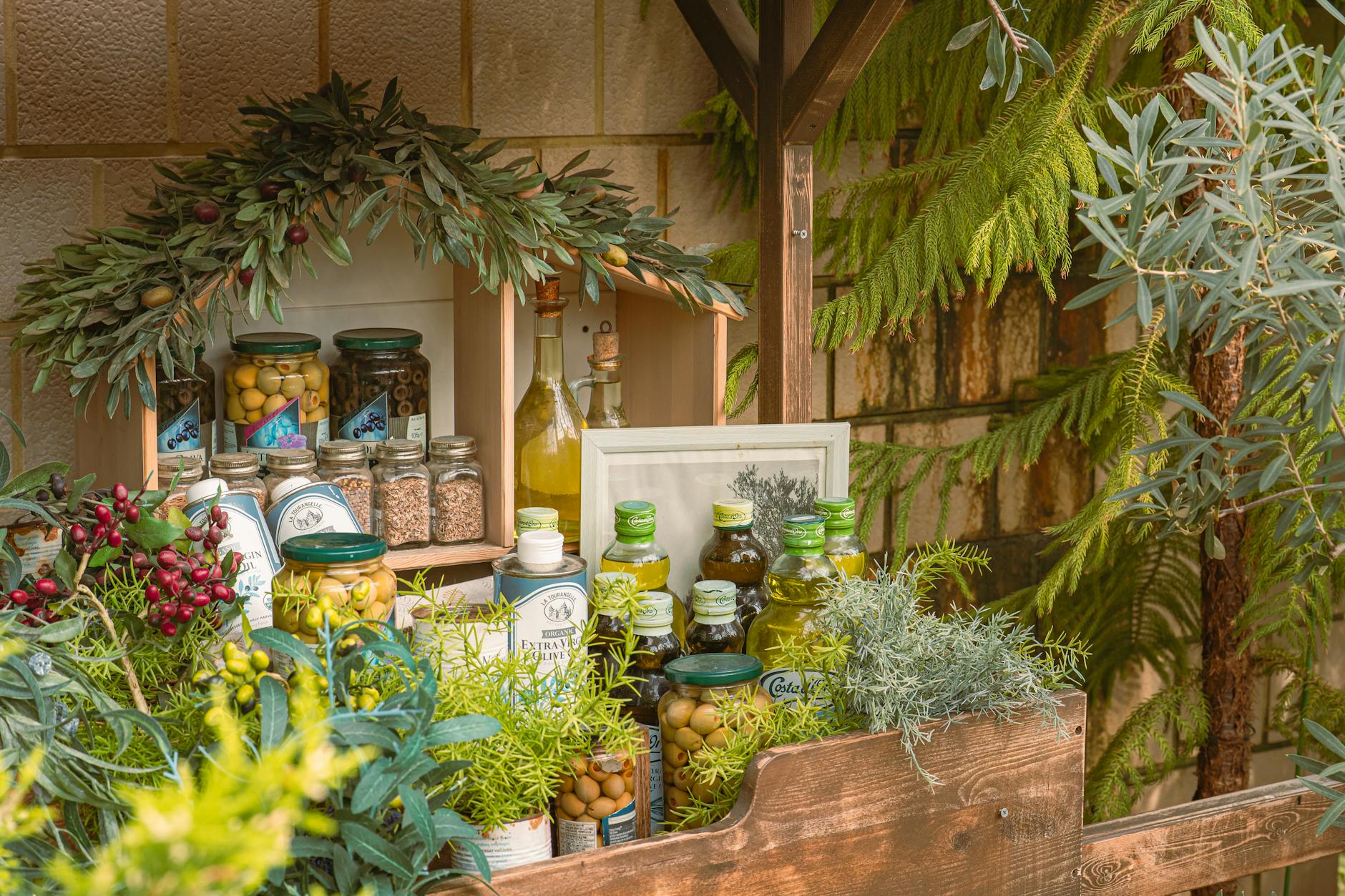 Bottles of premium Greek olive oil at an Athens market