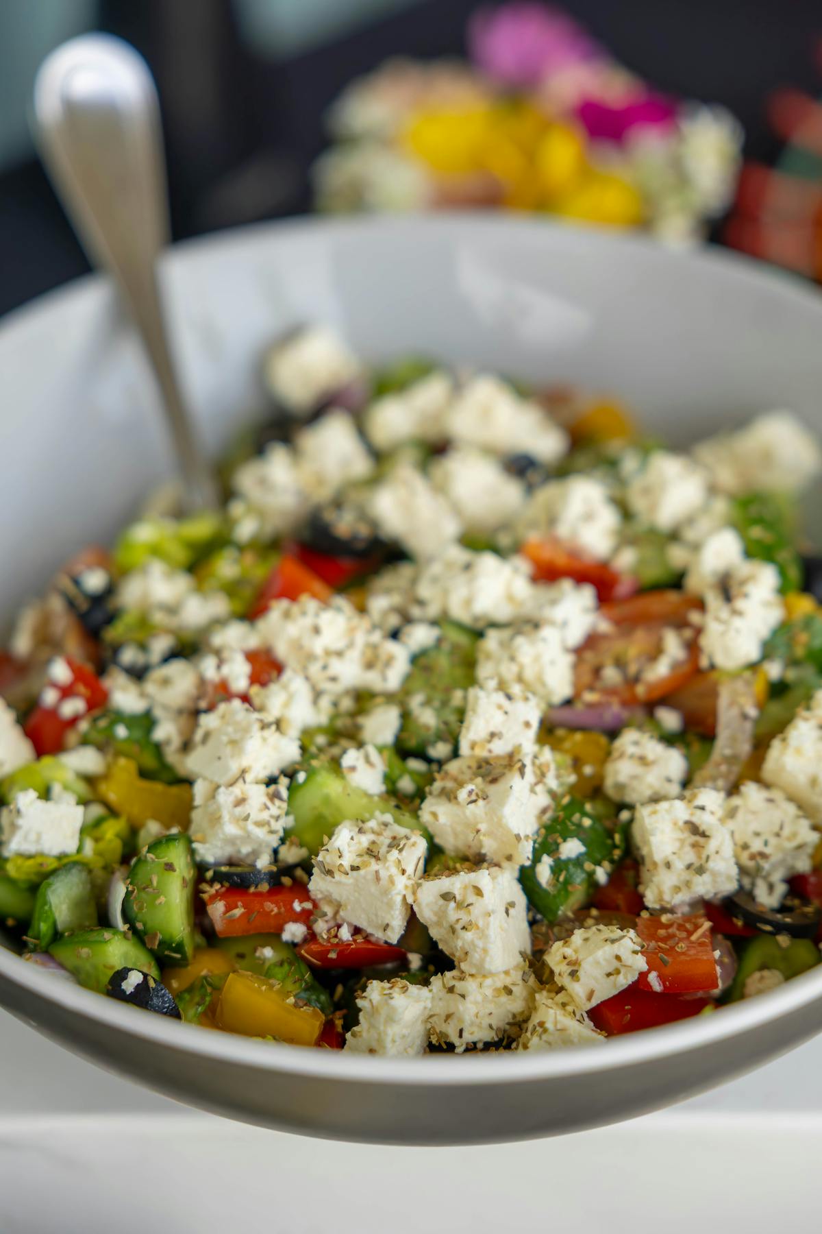 Fresh Greek salad with tomatoes olives and feta cheese