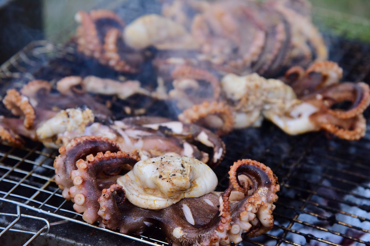Grilled octopus tentacles on a barbecue grill — popular Greek seafood