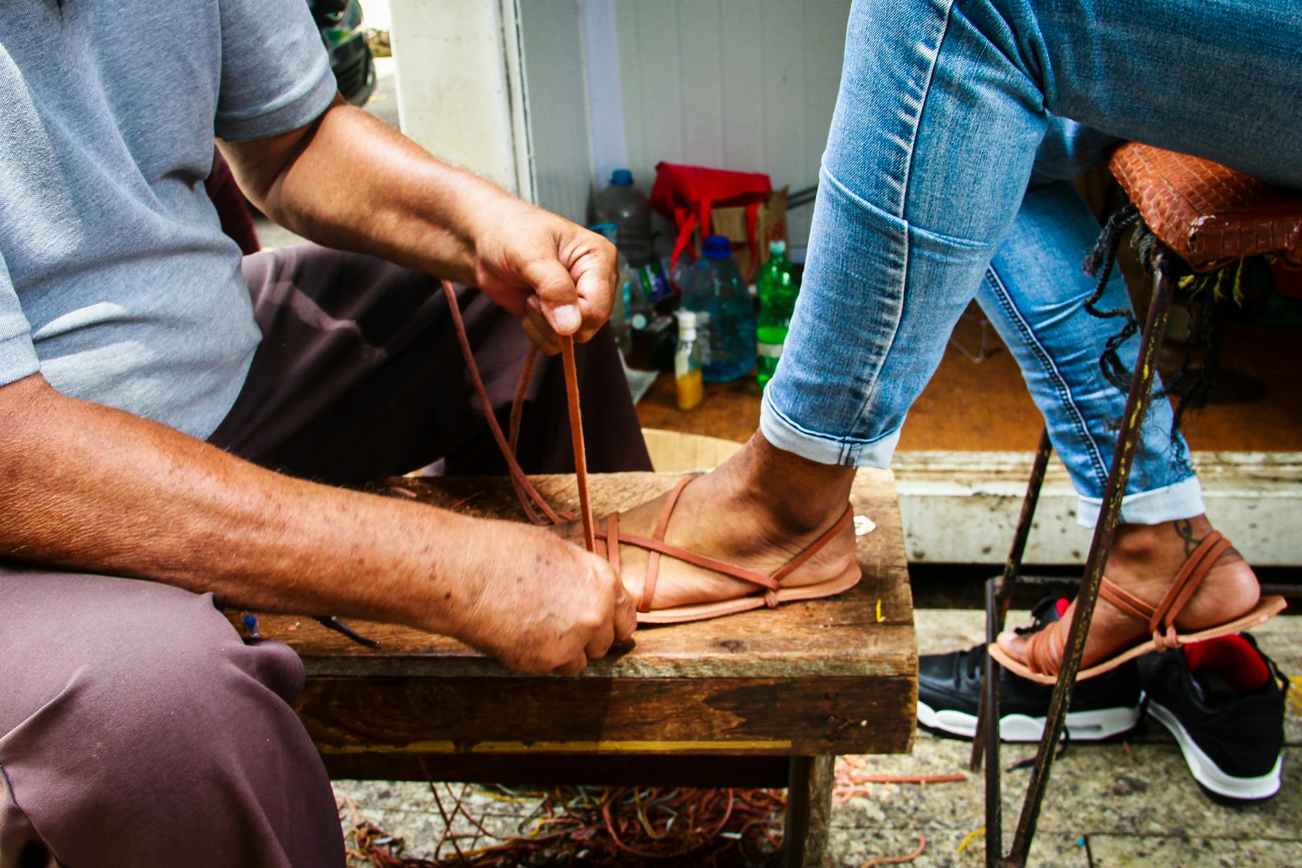 Handmade Greek leather sandals displayed at an Athens shop