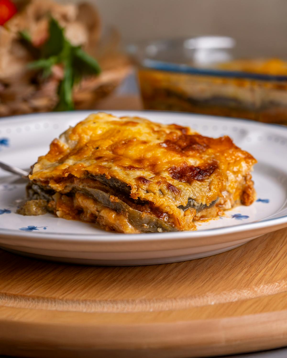 Traditional Greek moussaka served on a decorative plate