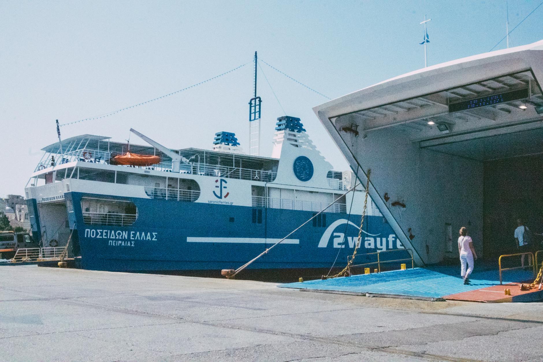 Large passenger ferry docked at Piraeus port with travelers boarding for Greek island destinations