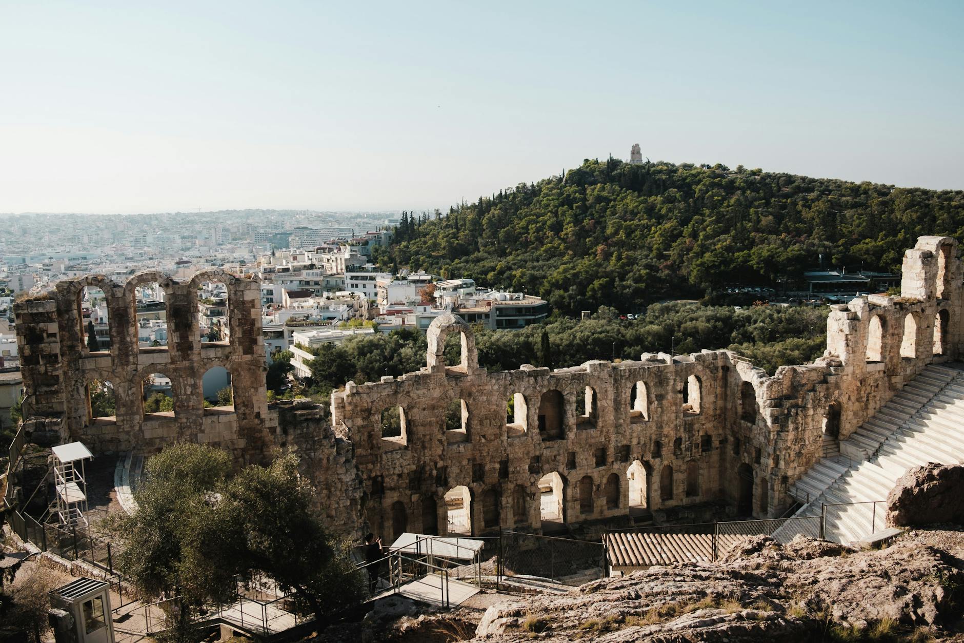 Ancient ruins of the Odeon of Herodes Atticus with Acropolis views Athens Greece