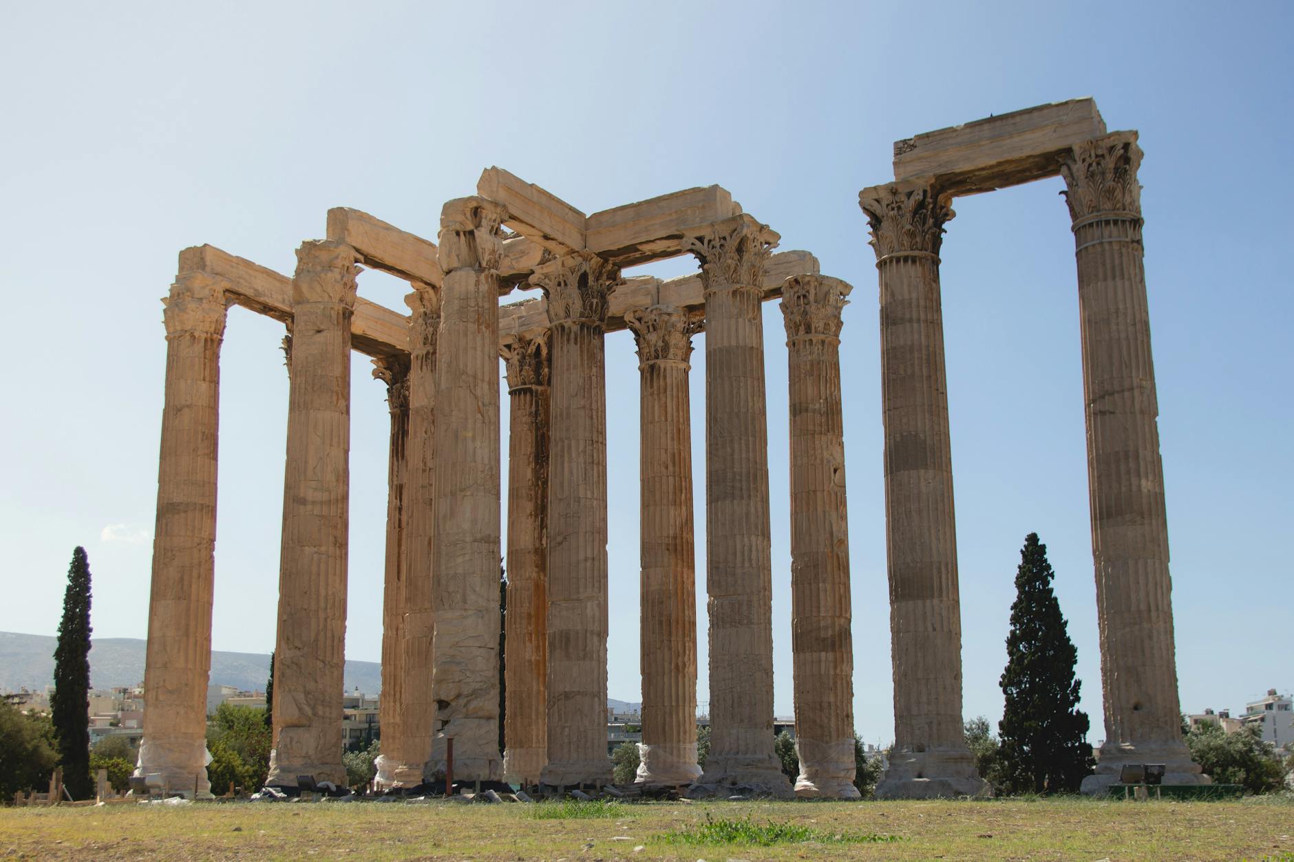 Towering Corinthian columns of the Temple of Olympian Zeus in Athens Greece