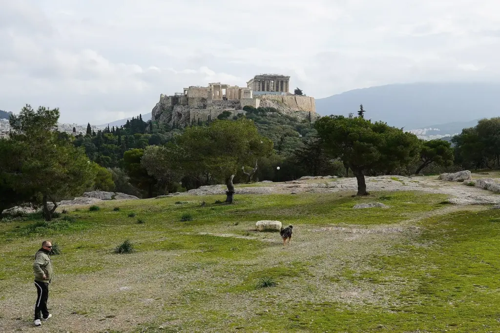 The open ground of the Pnyx with the Acropolis and the Parthenon beyond the trees