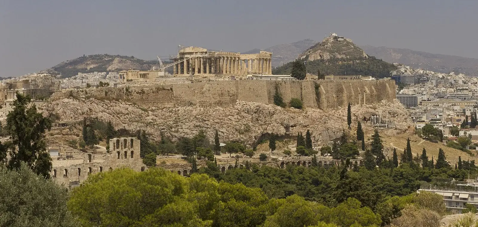 The Acropolis and the Parthenon seen from Philopappos Hill, with Lycabettus Hill behind