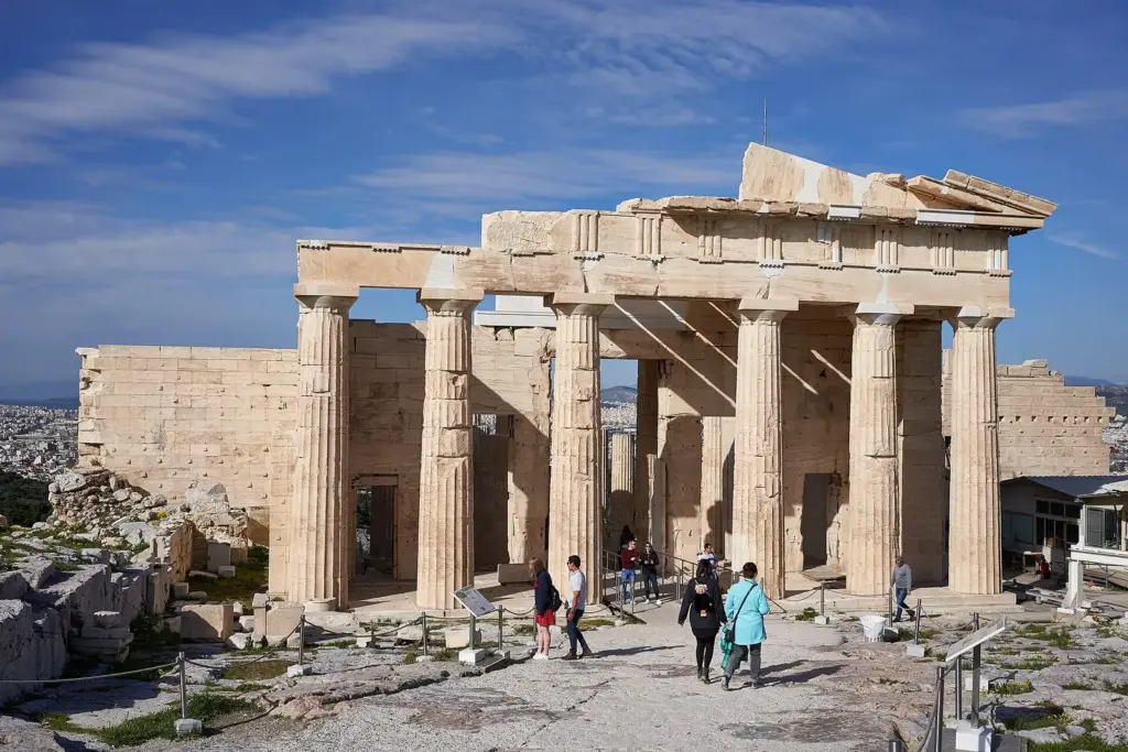 The Doric columns of the Propylaea, the monumental gateway to the Acropolis summit