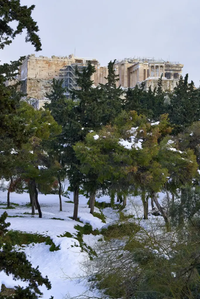 Snow on the ground among pine trees below the walls of the Acropolis on a winter day