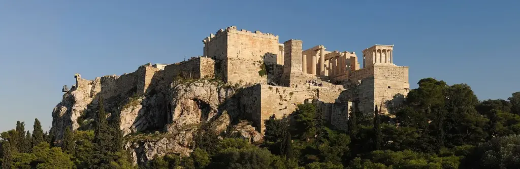The west end of the Acropolis, with the Propylaea and the Temple of Athena Nike, in late-afternoon light seen from the Areopagus
