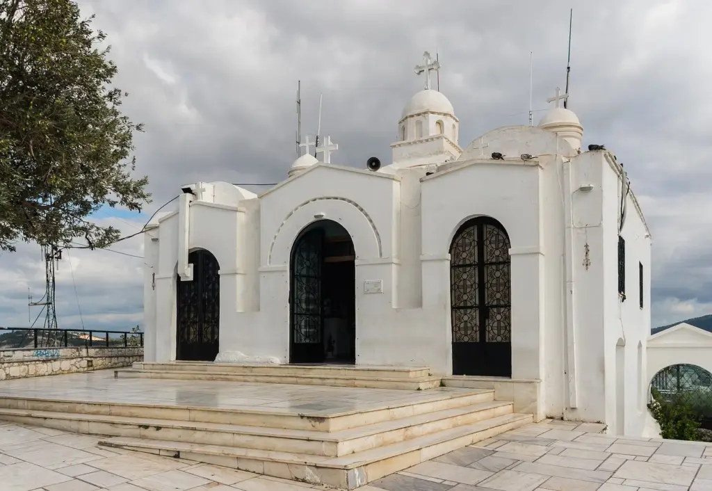 The whitewashed chapel of St George on the summit of Lycabettus Hill, with marble steps in front