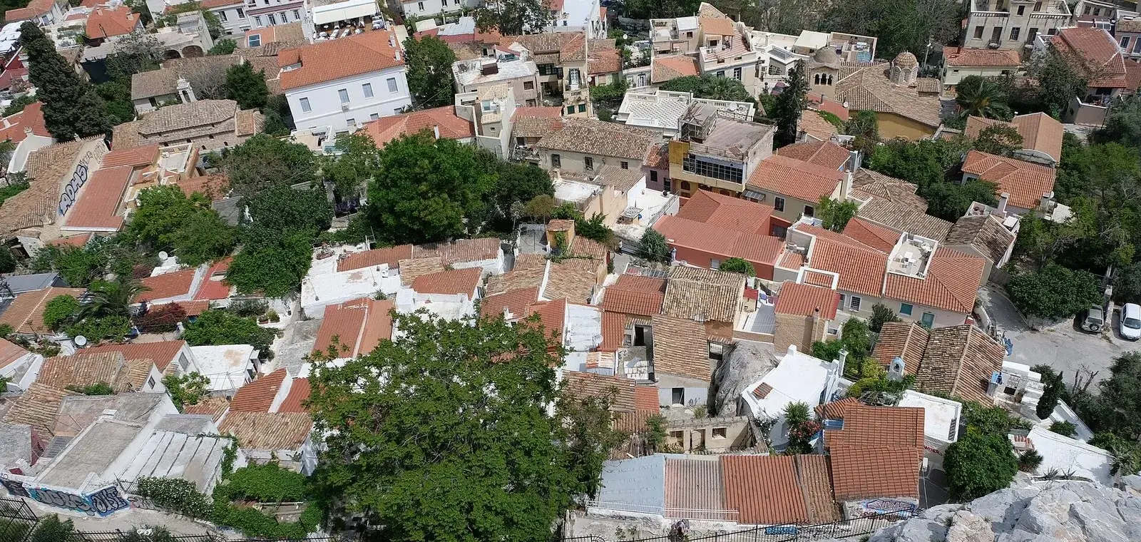 The rooftops of Anafiotika in Athens seen from the Acropolis above Plaka
