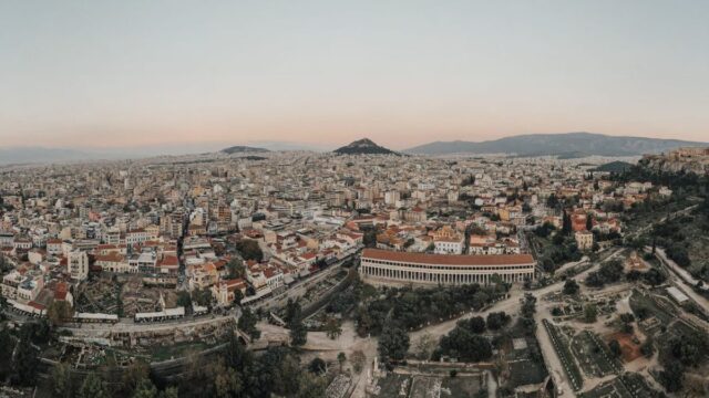Athens from above, with the Ancient Agora and Lycabettus. Most of the old city is stairs and cobbles.