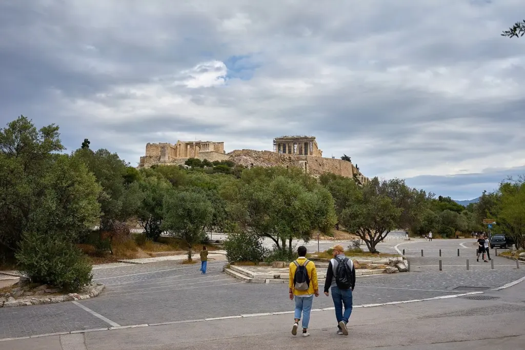 The pedestrian street Dionysiou Areopagitou curving along the south side of the Acropolis