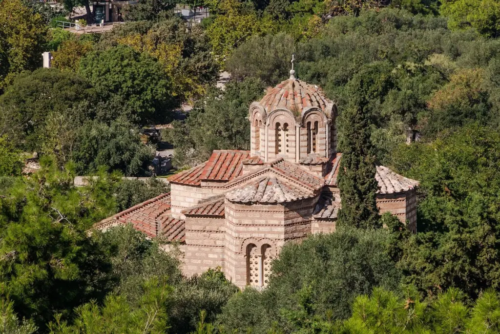 The Byzantine Church of the Holy Apostles among pine trees in the Ancient Agora, seen from above