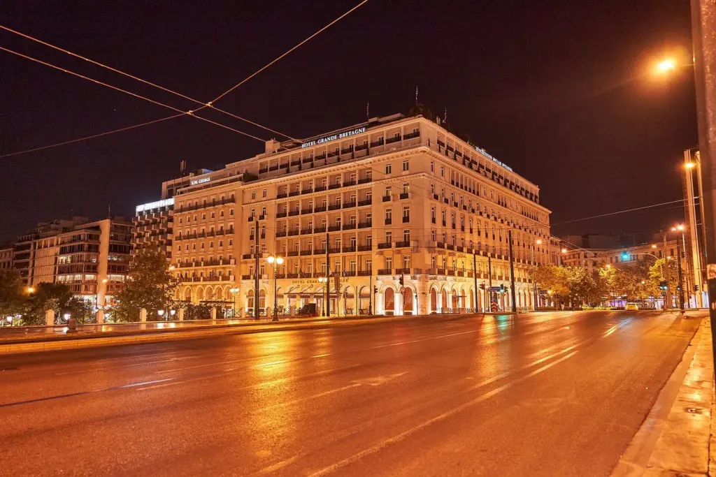 Hotel Grande Bretagne lit up at night on Syntagma Square, Athens