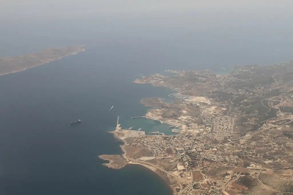Aerial view of Lavrio port with the long island of Makronisos offshore