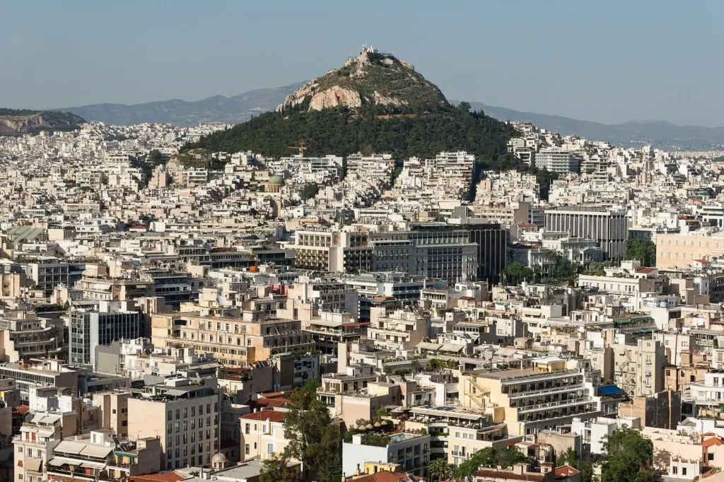 Lycabettus Hill rising above the apartment blocks of central Athens