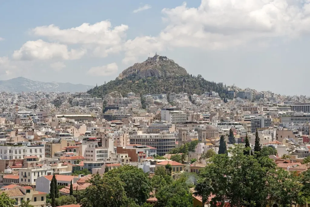 Lycabettus Hill rising above the rooftops of central Athens, seen from the Areopagus