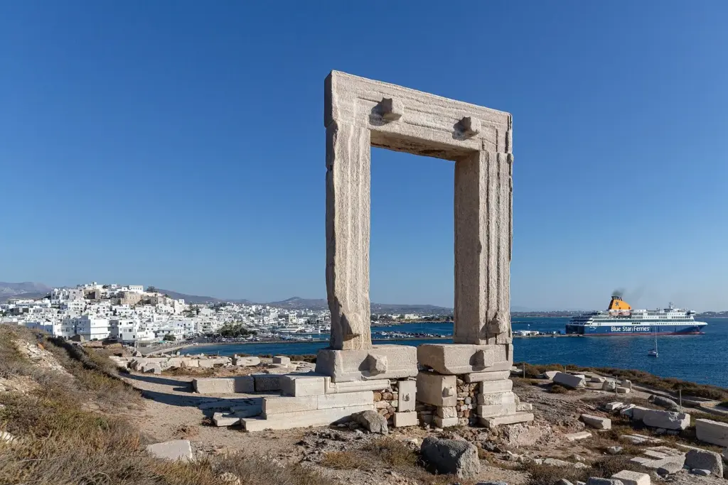 A Blue Star ferry heading into Naxos town