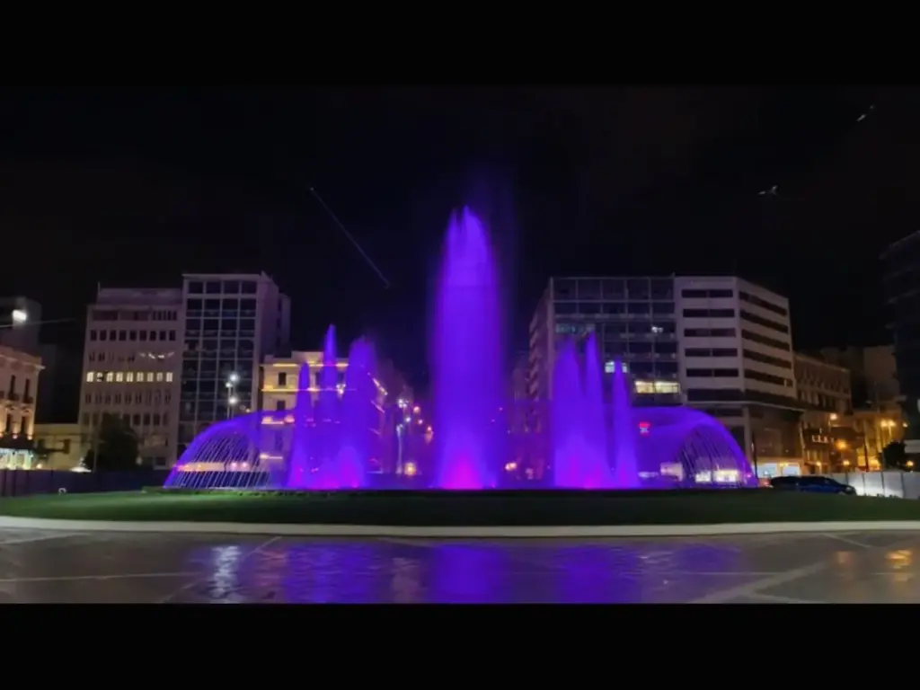 Omonia Square fountain lit purple at night in central Athens