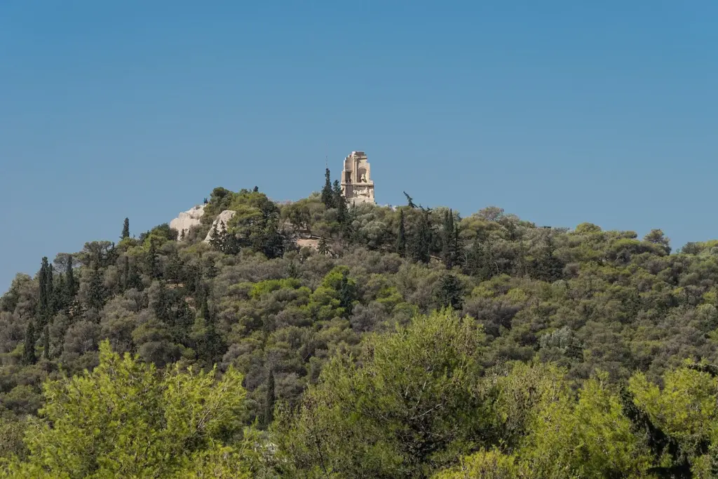 Pine-covered Philopappos Hill with the Philopappos Monument on its summit, seen from the Acropolis