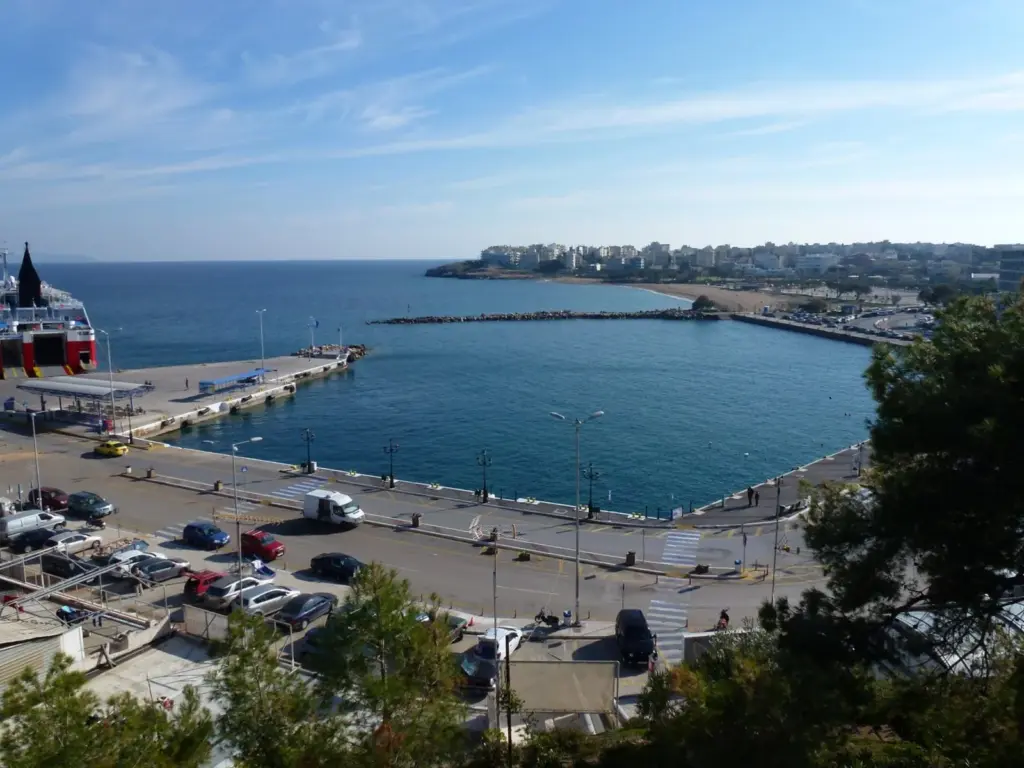 Rafina harbour and ferry quay seen from the hill above the port