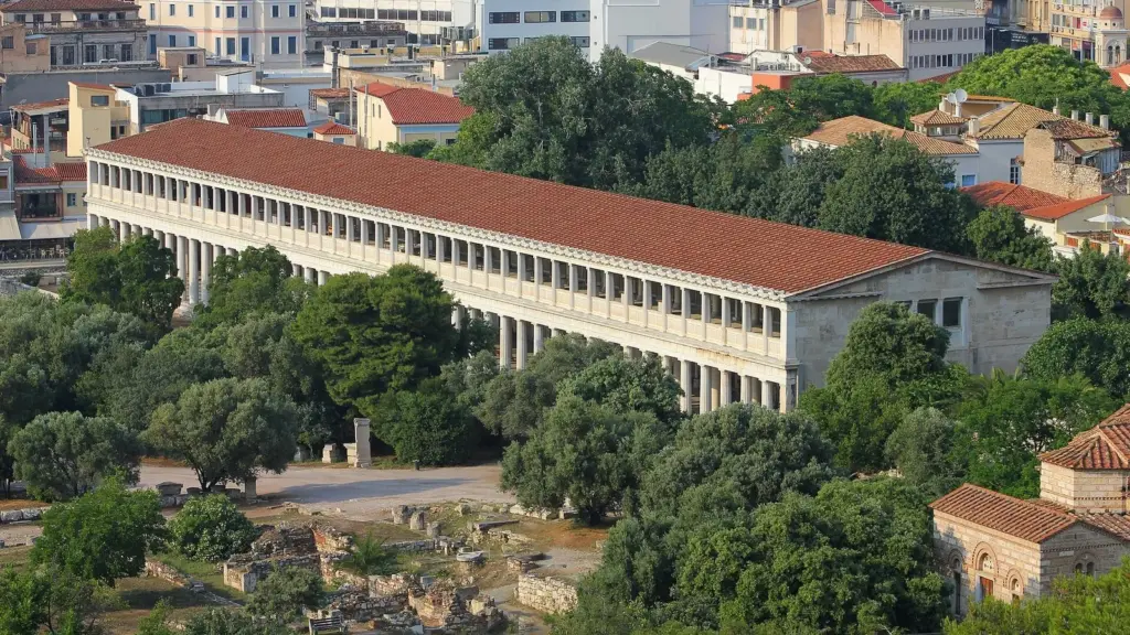 The long two-storey colonnade of the rebuilt Stoa of Attalos in the Ancient Agora