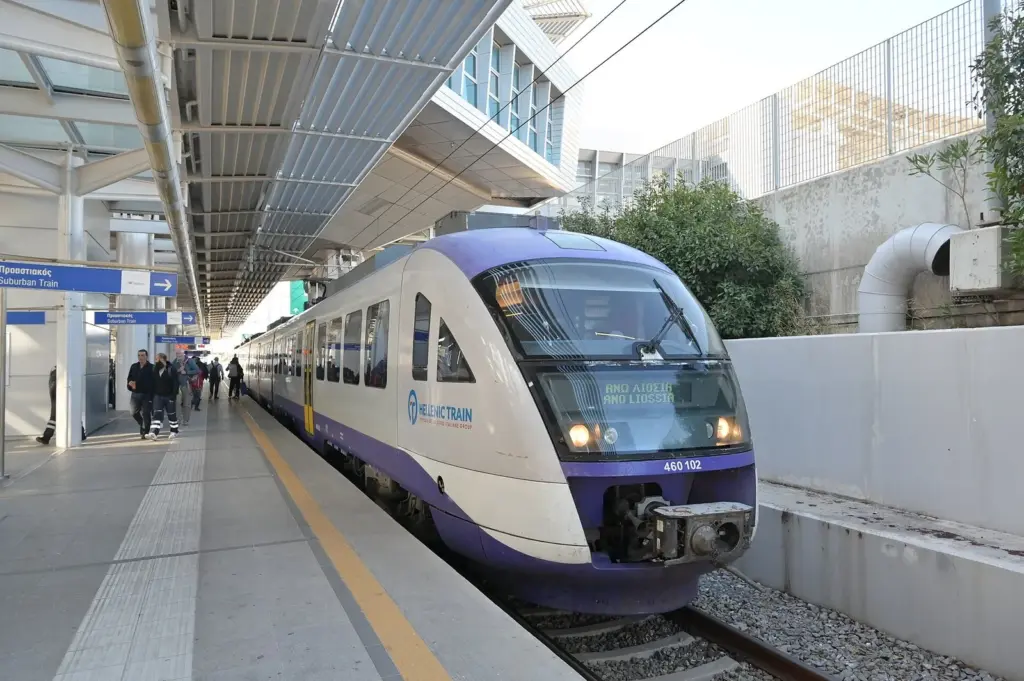 Suburban train waiting at the Athens International Airport station platform