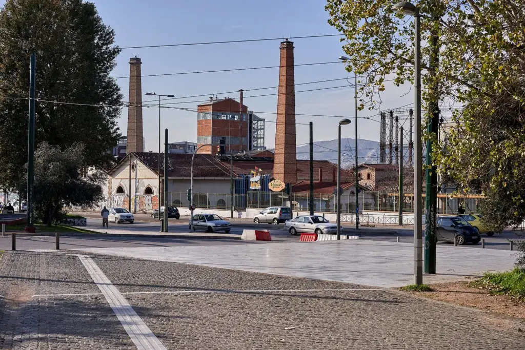 Brick chimneys and industrial halls of Technopolis, the former gasworks in Gazi, Athens