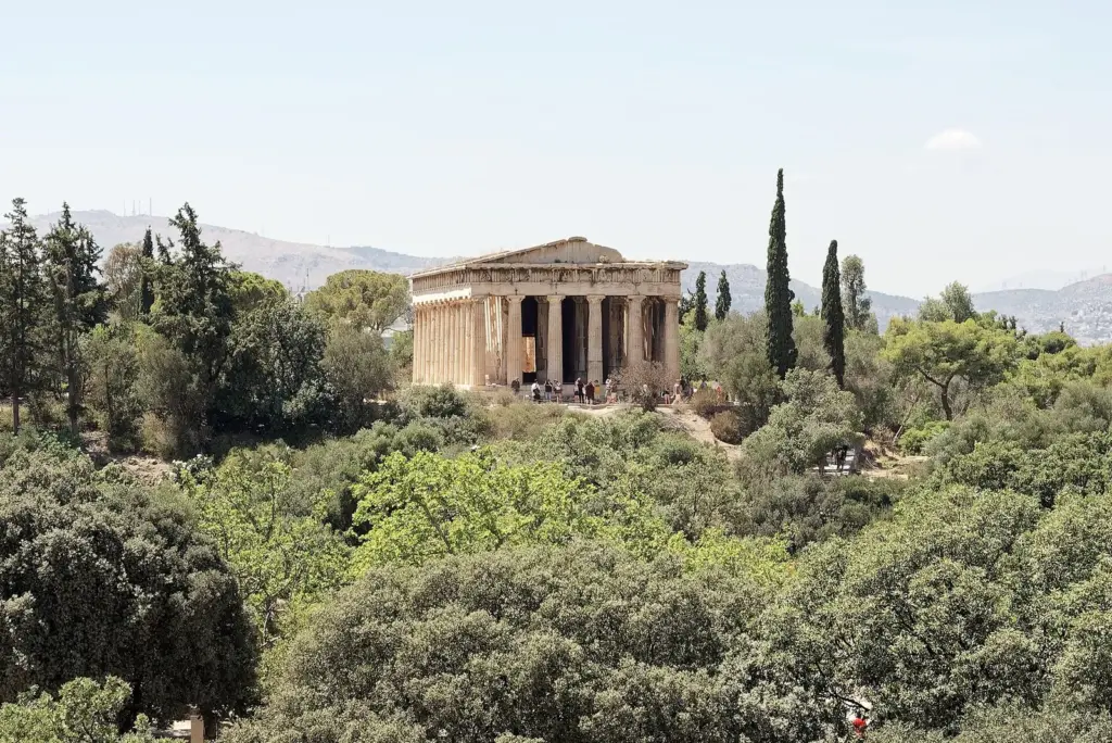 The Temple of Hephaestus on its low hill above the trees of the Ancient Agora
