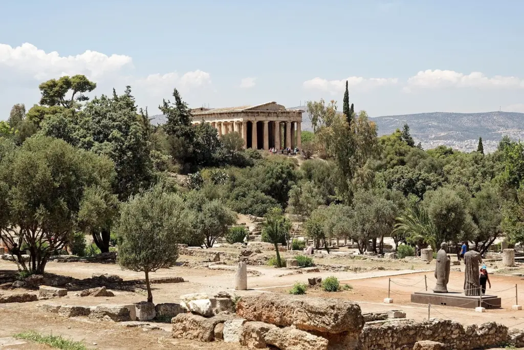 The Temple of Hephaestus on its low hill above the olive trees of the Ancient Agora