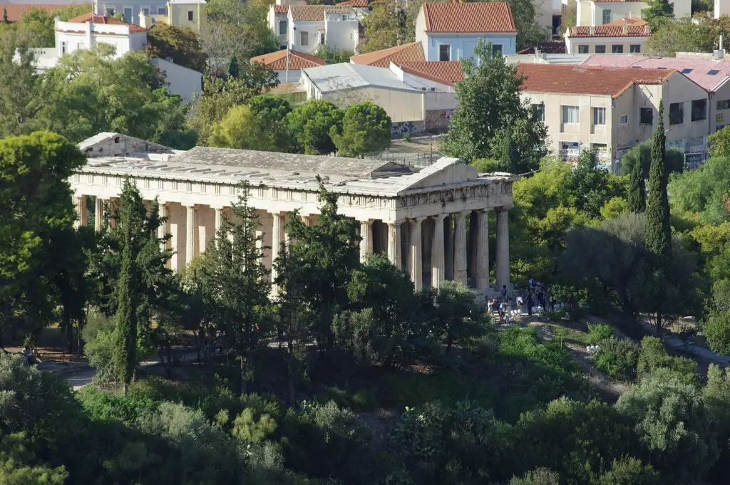 The Temple of Hephaestus among the trees of the Ancient Agora, seen from above
